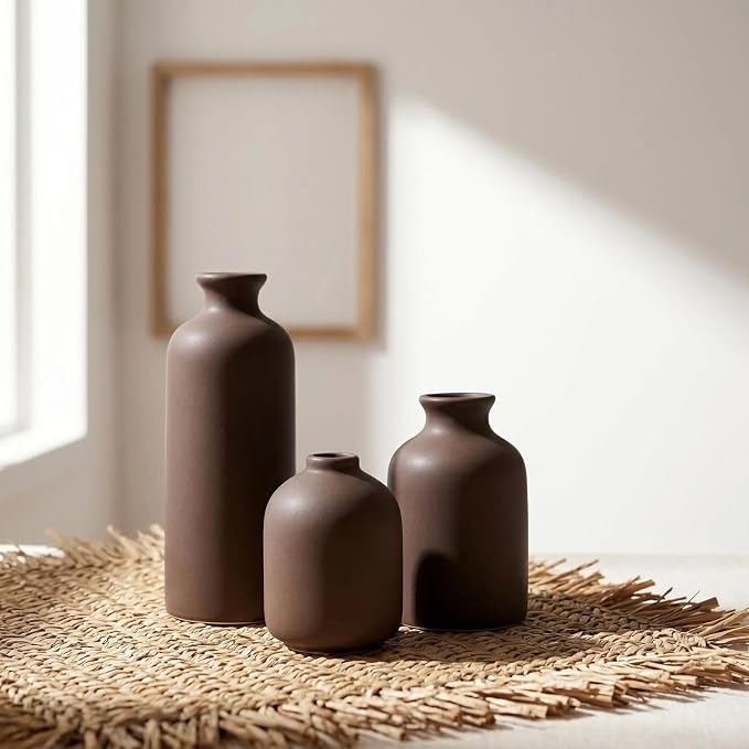 Small Ceramic Vase Set of 3,Modern Boho Farmhouse Flowers Vases | Decorative Vase for Dried Flowers,Pampas Grass,Home Decor,Shelf,Bathroom,Centerpiece for Entryway Table Distressed