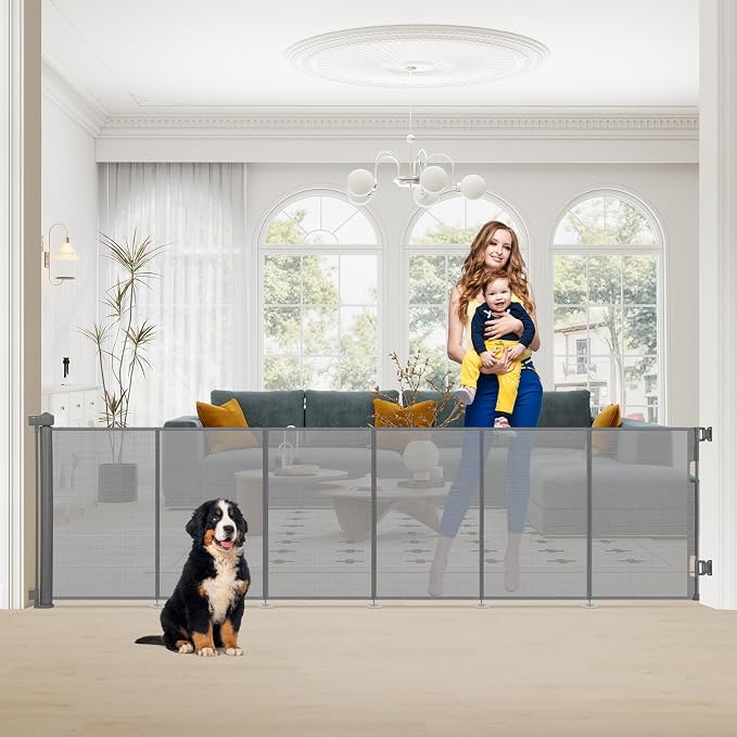 SMONTER Extra Wide Retractable Dog Gates, Mesh Baby Gate with Support Rods Extend to 118" Wide 33" Tall, Portable Safety Retractable Gate for Stairs, Indoor/Outdoor, Gray