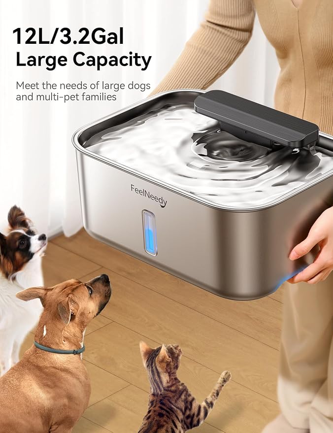FEELNEEDY 3 Gal Stainless Steel Dog Water Fountain for Large Dog, Pet Water Fountain, Dog Water Bowl Dispenser with Water Level Window, Super Quiet for S-L Dogs and Multi-Pet