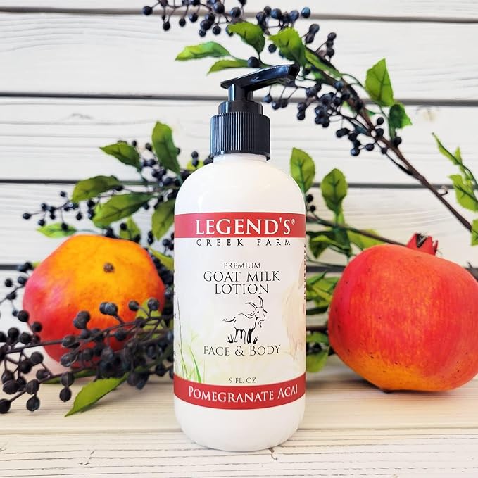 Legend's Creek Farm Goat Milk Lotion - Moisturizing Goat Milk Body Lotion for Body, Hand & Face - 9 oz Body Moisturizer with Shea Butter, Sunflower Oil, Aloe (2-Pack, Pomegranate Acai)