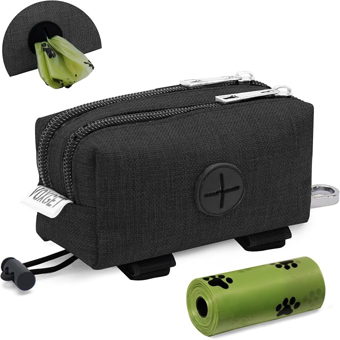 Dog Poop Bag Holder with Treat Pouch, 2 Zipper Pockets & Leash Clip