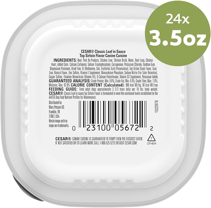 Cesar Classic Loaf in Sauce Wet Dog Food, Top Sirloin, 3.5 oz, 24 Count | Made in USA, Real beef #1 ingredient, no fillers or artificial flavors, 100% complete & balanced, easy peel trays