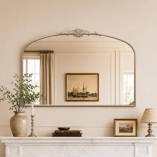 Besdomus Vintage Arched Gold Mirror: 48"x33" Oversized Champagne Decorative | Baroque Metal Framed Mirrors - Traditional Ornate for Home Renovation Decor - Ideal for Foyer/Entryway/Fireplace/Living Room