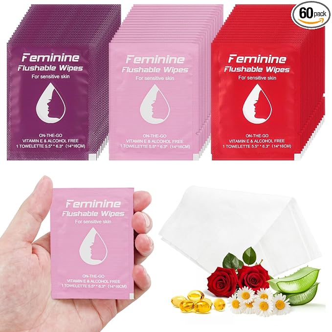 twoworld 60 Feminine Wipes Flushable Travel Individually Wrapped | Travel Wipes for Women,Feminine Care Wet Wipes Travel Size Vaginal Wipes for Adult,Girl and Homeless(Chamomile,Rose,Unscent)