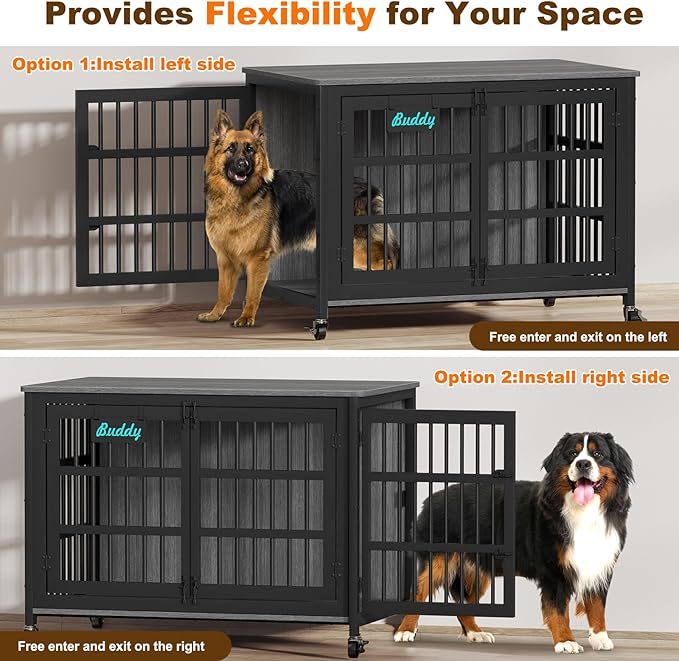 EasyCom 46"/42"/33" XXL Heavy Duty Dog Crate Furniture with Casters | Dog Kennel Indoor with Name Tag, Escape-Proof and Chew-Proof Dog Cage for Large High Anxiety Dog, as End Table