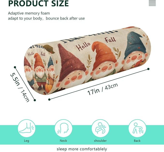 Fall Gnomes Pumpkin Maple Leaves Neck Roll Pillow Bolster Round Health Memory Foam Long Cervical Cylinder Pillows with Removable Washable Cover for Body Bed Legs Back Yoga