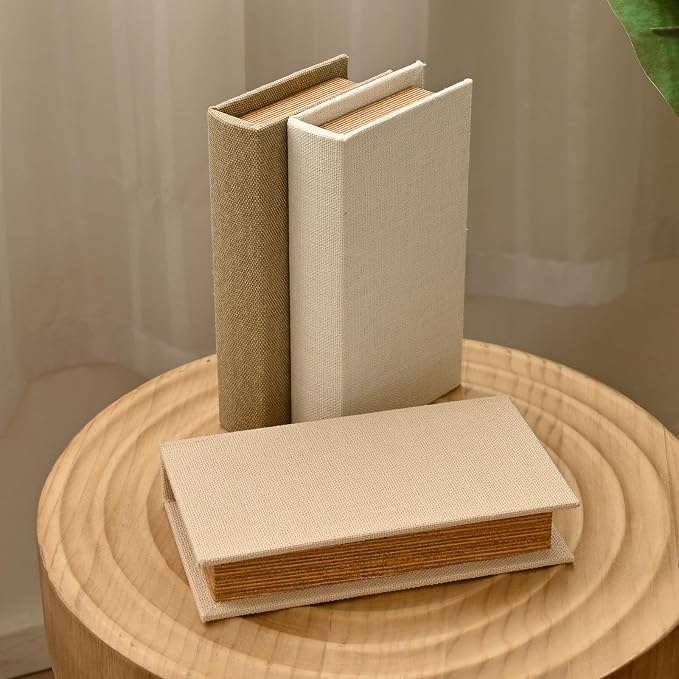 DECOR4SEASON Modern Linen and Wood Decorative Faux Book Boxes Set of 3, 8",Taupe,Beige,Off White