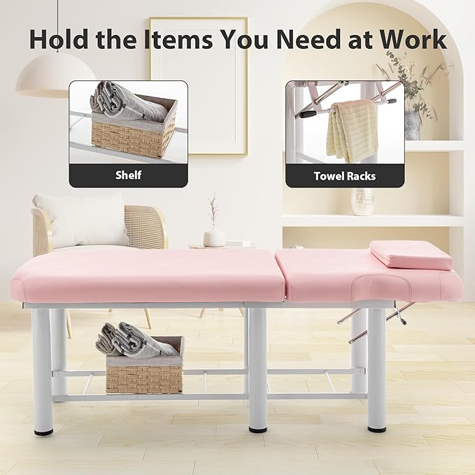 Professioanl Massage Table w/Adjustable Backrest for Treatment Table Spa Facial Bed Barber Beauty Equipment, Metal Frame PU Leather, Removable Headrest Salon Bed, Pink