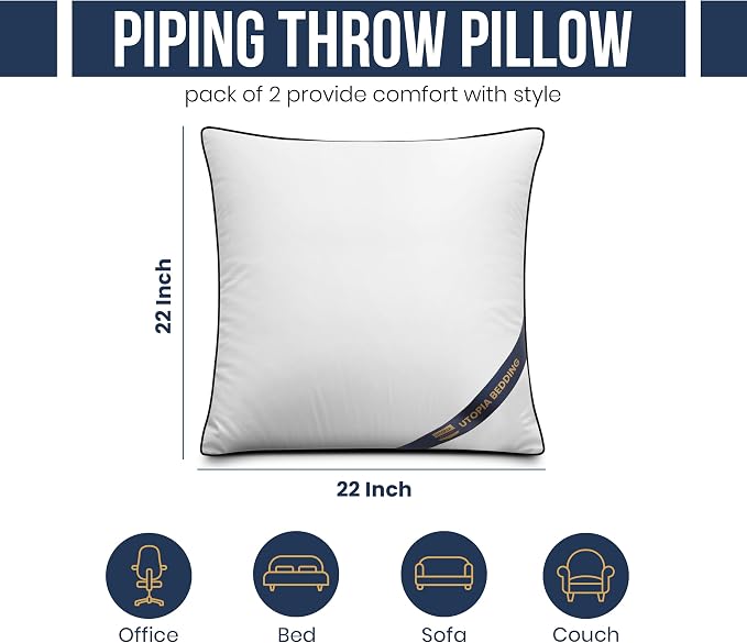 Utopia Bedding 22x22 Throw Pillow Inserts, Decorative Pillows, Pack of 2 | Piping Throw Pillows, Plush & Supportive, Aesthetic Cushion Sham Stuffer for Sofa, Office, Couch & Bed, Set of 2, White