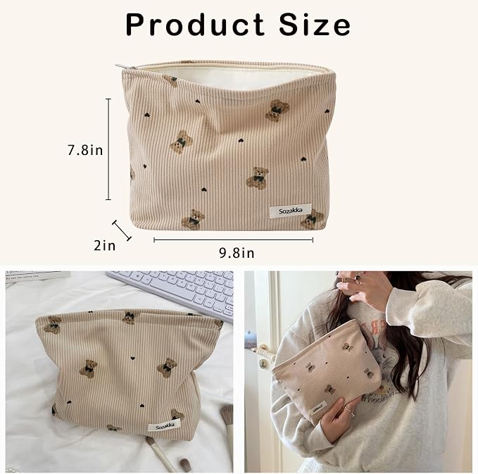 Cute Small Soft Corduroy Zipper Makeup Bag for Purse, Coquette Aesthetic Pouch with Bear Pattern for Women Girls, Kawaii Travel Cosmetic Bags（04Light Taupe）