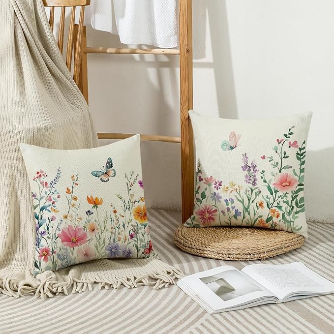 wyooxoo Spring Pillow Covers 18x18 Set of 4 Summer Farmhouse Throw Pillow Covers Floral Butterfly Decorative Cushion Cases for Sofa Couch Patio Bedroom