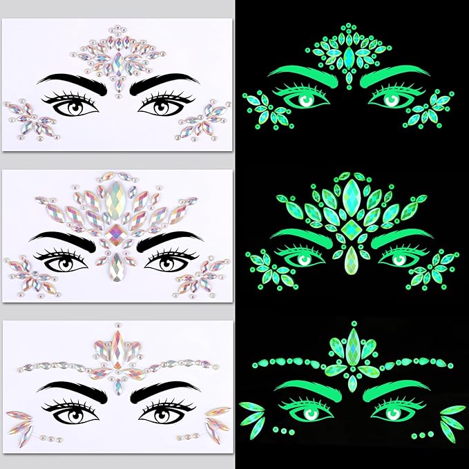 YGDZ Glow in The Dark Face Glitter, Hair Body Glitter Gel, Face Jewels Stick On for Women, Festival Carnival Outfits, Mermaid Costume for Halloween Makeup, Rave Accessories for UV Black Light Party