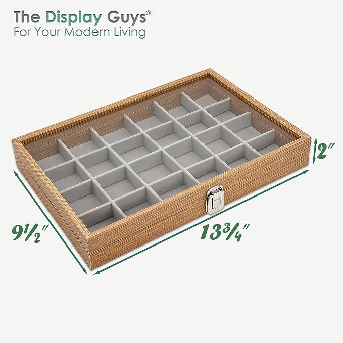 Wooden Travel Jewelry Box w. Tempered Glass Display Lid - Earrings Storage - 24-Compartments Velvet Organizer (Natural Oak) by The Display Guys