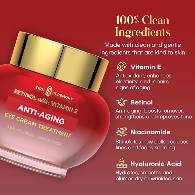 Retinol & Vitamin E Anti-Aging Eye Cream - Reduces Puffiness, Fine Lines & Crow’s Feet - Dermatologist Tested, Korean Skin Care for All Skin Types - 1.0 Fl. Oz