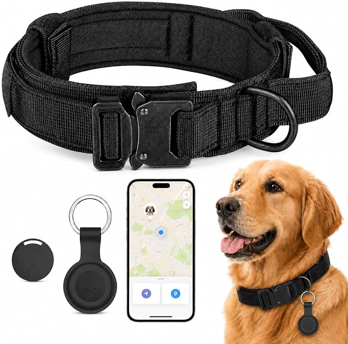 Pet GPS Tracker for Dogs, Compatible with Apple Find My(iOS Only), No Monthly Fee, IP67 Waterproof Anti-Lost Locator, 12-Month Battery, Includes Silicone Collar Holder & Tactical Dog Collar