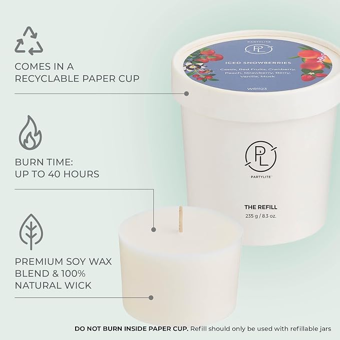 PartyLite Iced Snowberries Scented Candle Refill, Notes of Apple, Cranberry, Peach, Strawberry, Vanilla & Musk,10oz 1-Wick Aromatherapy, Upto 40 Hours of Luxury Fragrance, Sustainable Premium Soy Wax