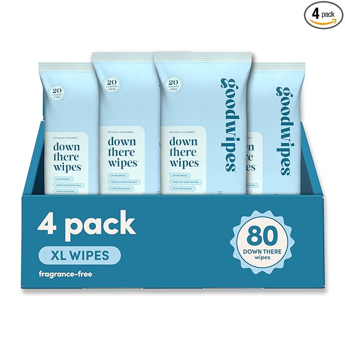 goodwipes Down There Wipes - Unscented Flushable Feminine Wipes for Women, pH Balanced for Sensitive Skin, Septic Safe, Feminine Hygiene, Travel Size - Fragrance-Free, 80 Count (4 Packs of 20)