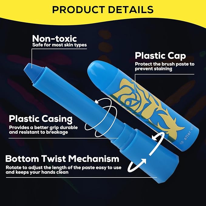 Neon Face Paint Sticks,Glow Face Body Paint,Glow In The Dark Under UV Black Light for Party Cosplay Halloween(6 Neon Color)