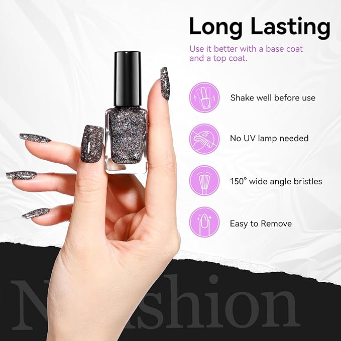 Black Glitter Nail Polish, Fast Air Drying Regular Nail Polish Rainbow Sparkly Shimmer Black Nail Lacquer, High Shine Toe Fingernail Polish, Nails Art Salon Manicure at Home Gift