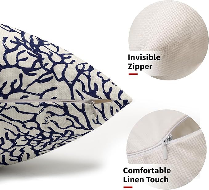 Nautical Coastal Coral Lumbar Pillow Covers 12x20 Inch Set of 2 Summer Ocean Beach White Blue Decorative Pillow Cases Outdoor Linen Cushion Cover Farmhouse Decor for Bedroom Home Sofa Couch Bed