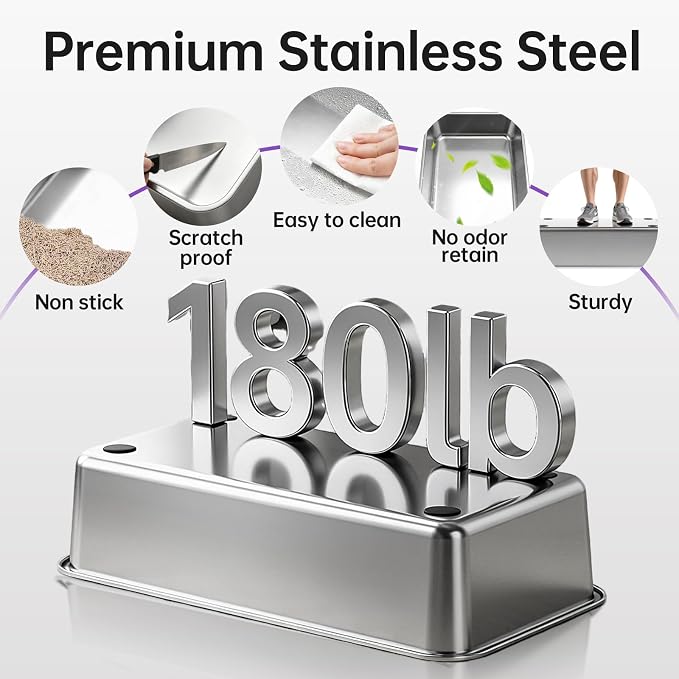 High-Sided Stainless Steel XL Cat Litter Box for Cats | High-sided design prevents urine leakage. Non-stick and easy to clean. Includes scoop (Gray)