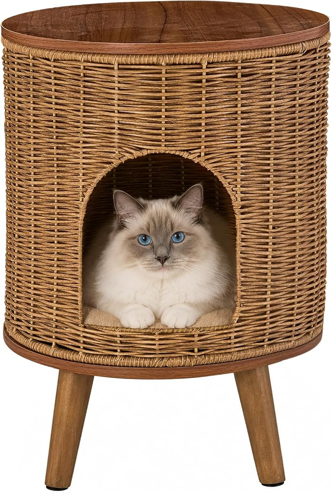 Rattan Cat House End Table, 2-in-1 Cat Bed Side Table, Stylish Pet Furniture for Indoor Cats in Living Room and Bedroom (Brown, 15.7”L x 15.7”W x 22”H)