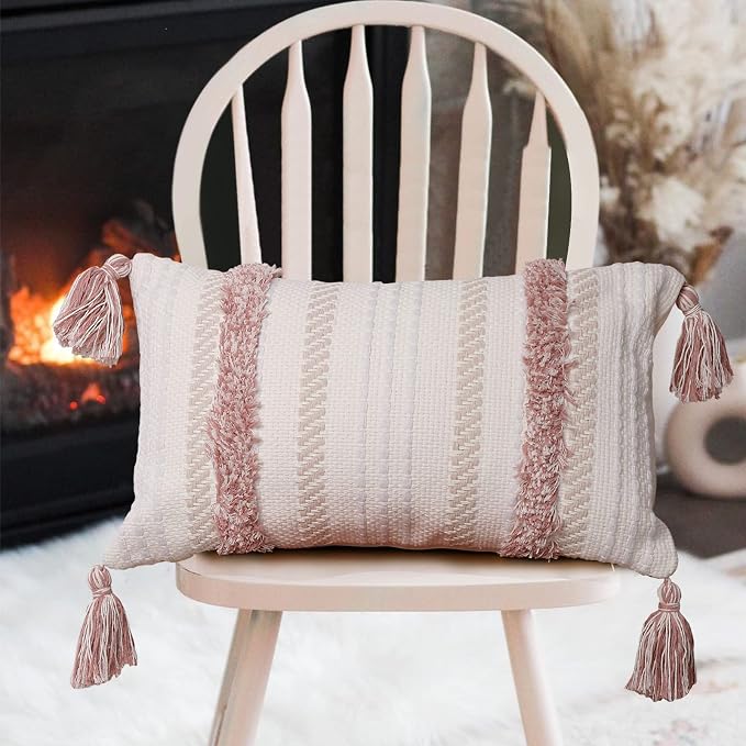 Boho Throw Pillow Covers Tufted Decorative Pillows Cover for Couch Bed Small Lumbar 12 x 20 inch Pillow Cover, Modern Accent Farmhouse Neutral Throw Pillow Case, Pink | Boho tufted lumbar pillow cover, blush pink accent for couch, bed and dorm decor