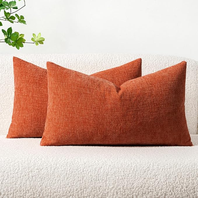 MIULEE Soft Chenille Fall Lumbar Throw Pillow Covers Rust 12x20 Pack of 2 | Modern Fall Home Decor, Classic Decorative Pillows, Solid Dyed Cases, Boho Couch Cushion Covers for Sofa Bed Living Room