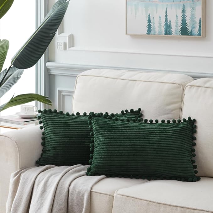 Fancy Homi 2 Pack Dark Green Lumbar Decorative Throw Pillow Covers 12x20 Inch with Pom-poms for Couch Bedroom Sofa, Soft Corduroy Solid Rectangle Cushion Case 30x50 cm, Farmhouse Boho Home Decor