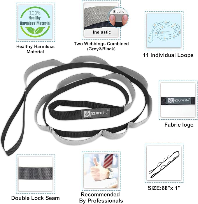 A AZURELIFE Half-Elastic Stretch Straps with 11 Loops, Stretching Strap for Physical Therapy, Multi-Loop Yoga Strap Fitness Exercise Strap for Yoga, Pilates, Dance, Flexibility&Exercise