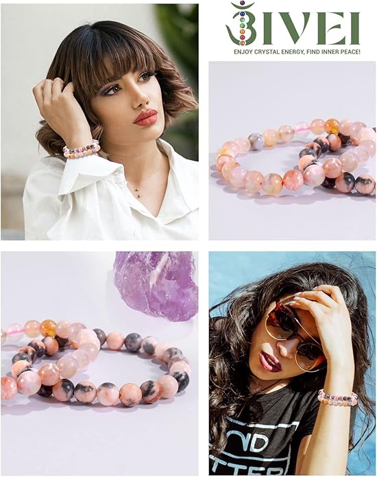 Bivei Natural Gemstone Semi Precious Healing Crystals Handmade Stretchy Round Beads Bracelet,Stocking Stuffers for Women Enhance Positive Energy