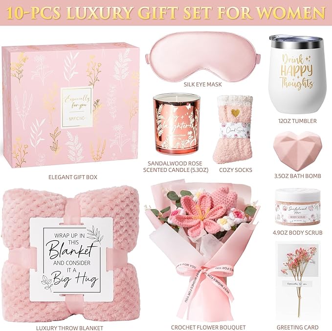 Birthday Gifts for Women, Spa Self Care Package Get Well Soon Gift Baskets | Sympathy Gift Set w/ Crochet Flower Bouquet, Christmas Thinking of You Gifts Basket for Women Mom Her Best Friend Sister Wife