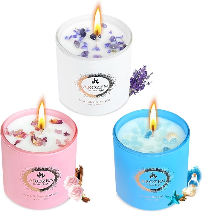 3 Pack Scented Candles Gift Set for Women – Lavender, Ocean, Rose Soy Candles with Crystals & Seashells, 70-Hour Total Burn Time, Aromatherapy Candle Set for Home Decor, Mother’s Day Birthday