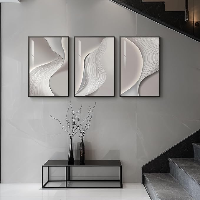 Framed Modern Abstract Wall Art, 3 Piece Minimalist Bright Style Prints Paintings Artwork for Walls, Silver Gray Contemporary Luxury Pictures for Living Room Bedroom Dining Room Wall Decor 16x24 In