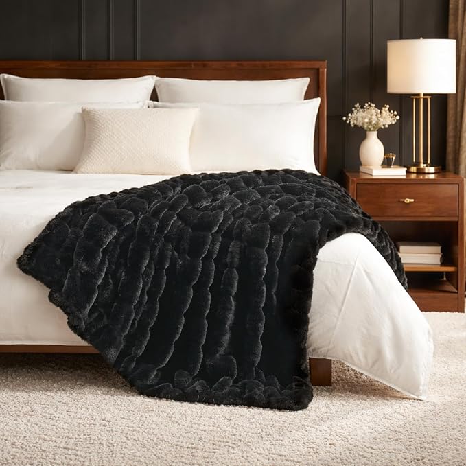 Cozy Bliss Deluxe Sheared Rabbit Faux Fur Throw Blanket, Soft Fuzzy High-Low Sculpted Plush Blanket for Couch, Cozy Home Accent, All Season Use, Black 50"x60"