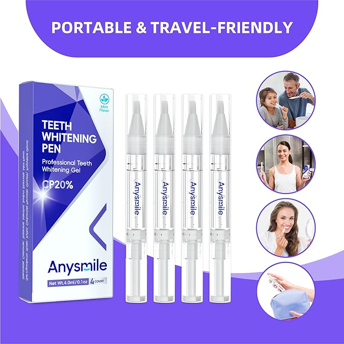 Anysmile Teeth Whitening Pens Non Sensitive Teeth Whitener Gel with Effective 20% Carbamide Peroxide, 4 Professional Tooth Whitening Gel Pens 2ml/Pen
