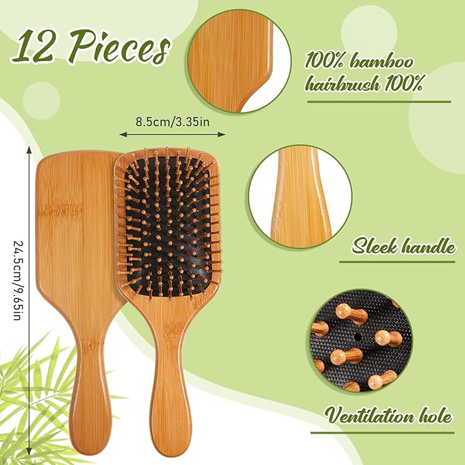 Tessco for you 12 Pcs Bamboo Hair Brushes Bulk Wooden Paddle Brush Scalp Massage Bristle Anti Static Engraving DIY Gifts for Women, Party, Wedding(9.65'' X 3.35'',Black)