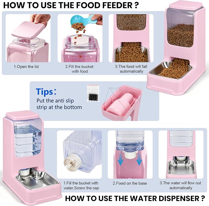 Automatic Cat Dog Feeder and Water Dispenser Set with Stainless Steel Bowl | Automatic Cat Feeder and Water Dispenser Set with Dog Stainless Steel Feed Bowl Pet Gravity Self Feeding and Waterer *2