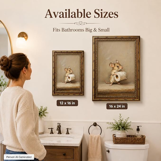 Funny Bathroom Wall Art, Vintage Gold Framed Mouse With Toilet Paper, 16x24 | Funny mouse canvas print, cute animal bathroom decor, rustic farmhouse style, wall art for restroom, washroom, or powder room