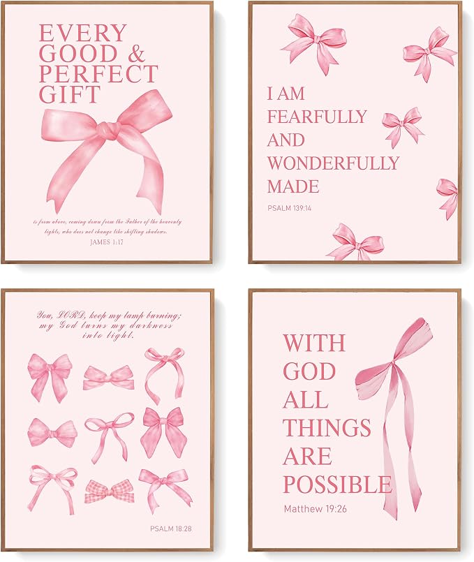 LARTSFRO Coquette Pink Bow Wall Art Decor Posters, Pink Bow Christian Room Bedroom Bathroom Dorm Wall Art Decor for College Teen Girls Kids Gifts, Inspirational Bible Verses Bow Wall Decor, 10x8 Inch Set of 4 Pcs Bow Pictures (UNFRAMED)