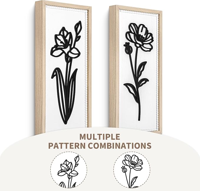 White Floral Bathroom Wall Decor Set of 2, Wood-Framed 3D Wall Art Panels | Raised floral cutouts in rectangular frames, ready to hang; neutral boho farmhouse decor for bedrooms, hallways and entryways