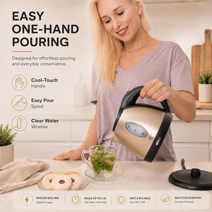 Moss & Stone 1.2L Stainless Steel Small Electric Kettle, Cordless 1500w Fast Boiling Pot, Portable Hot Water Electric Tea Kettle With Boil Dry Protection & Auto Shut-Off (Champagne)