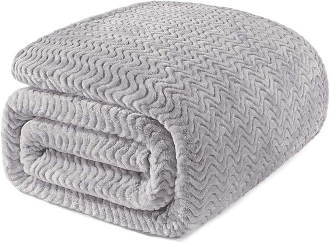 Exclusivo Mezcla Soft Fleece Blanket King Size for Bed, Sofa, Light Grey | 90"x104" Breathable Lightweight Flannel Blanket for Summer, Plush Cozy Jacquard Wave for Home Decor