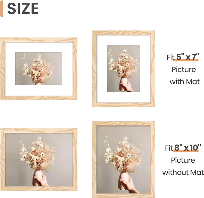 upsimples 8x10 Picture Frames, Gallery Wall Frames Set of 5, Natural Style | Photo Frame Collage Wall Decor, 8 x 10 Frame, 5x7 Frame with Mat for Family, Baby, Hallway, Christmas