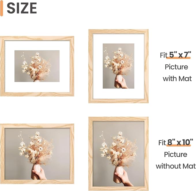 upsimples 8x10 Picture Frame Set of 10, Display Pictures 5x7 with Mat or 8x10 Without, Multi Photo Frames Collage for Wall or Tabletop Display, Natural | Fit 5x7 and 8 x 10 Photos, Wall or Tabletop Display, For Gallery Hallway Living Room, For Christmas