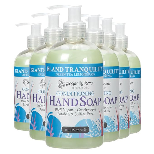 Ginger Lily Farms Botanicals Conditioning Liquid Hand Soap, Island Tranquility, 100% Vegan & Cruelty-Free, Green Tea Lemongrass Scent, 12 Fl Oz (Pack of 6)
