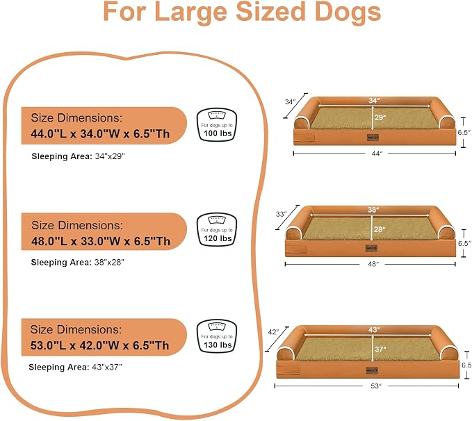 Orthopedic Dog Bed for Jumbo Dogs, 53 x 42 Inch, Orange | Egg crate foam for joint support, 3-sided bolster pet sofa, waterproof lining, washable cover, and non-skid base