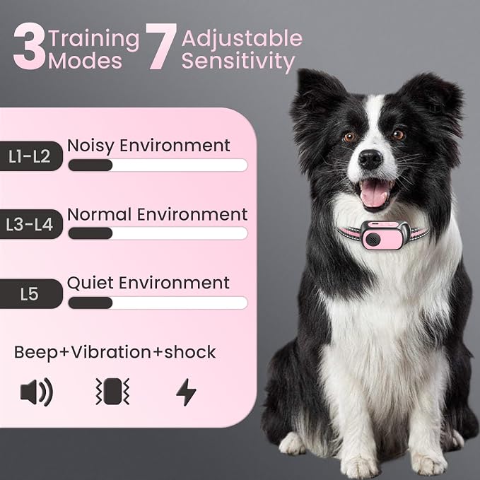 Dog Bark Collar for Large Medium Small Dogs, Rechargeable Smart Bark Collar, Anti Barking, Humane Dog Training Device with 5 Adjustable Sensitivity Beep Vibration(Pink)