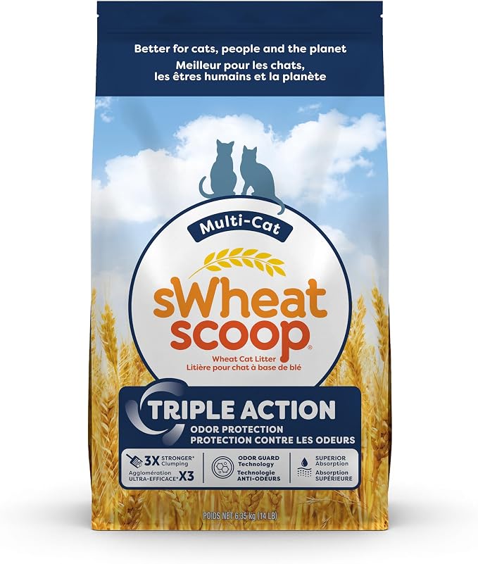sWheat Scoop Triple Action Natural Wheat Cat Litter Odor Guard Technology, 3X Stronger Clumping, Super Absorbtion, 99.5% Dust Free Performance, 14 Pounds