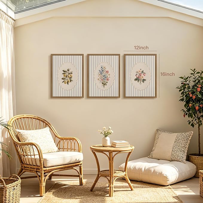 OPFDE Wood Framed Vintage Botanical Wall Art Set of 3, Embroidered Wildflower Lemon Strawberry Poster Prints, Blue Stripe Farmhouse Wall Decor, Cottagecore Floral Artwork for Kitchen 16x24 Inch
